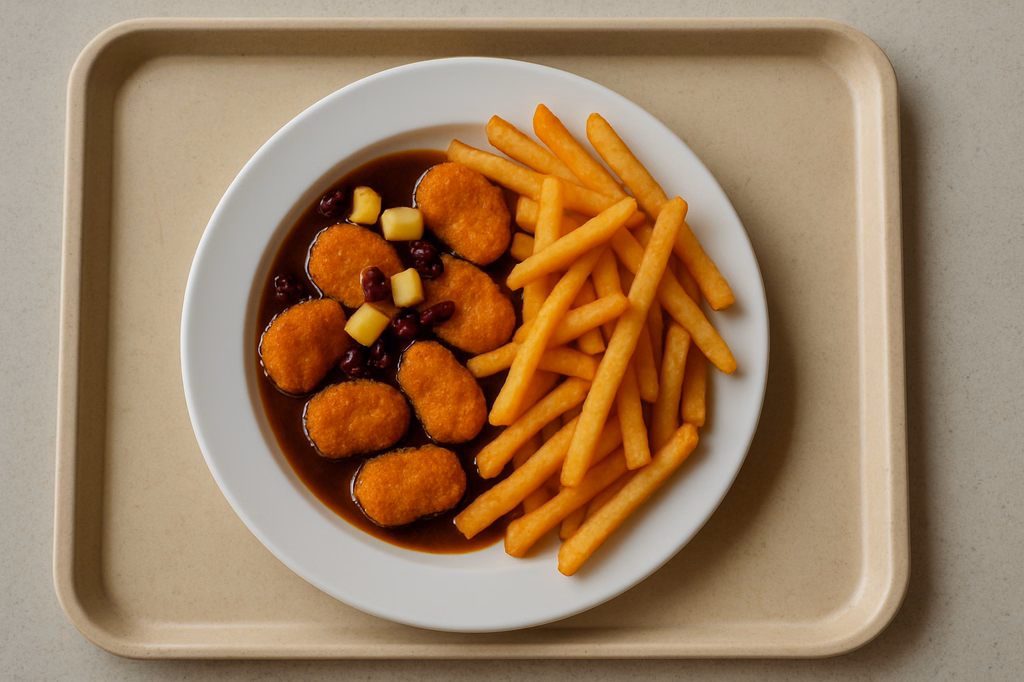 Gebackene Chicken Nuggets "BBQ Style" mit Ananas & Cranberries Super Crunch Pommes frites (AI Generated)