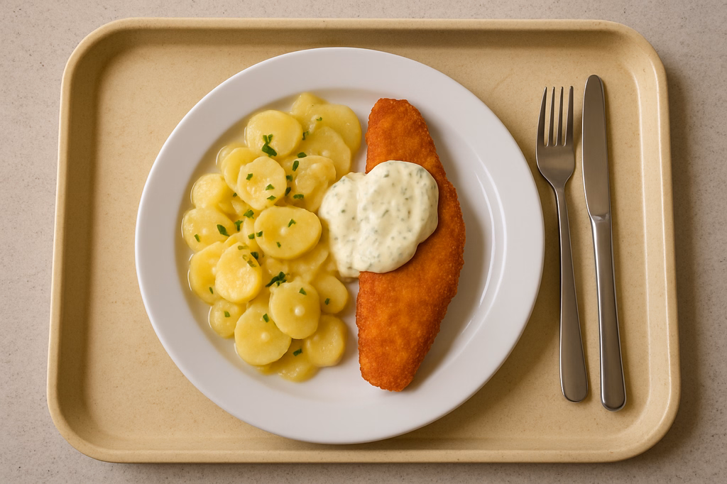 Seelachsfilet gebacken mit hausgemachter Remouladensoße und Kartoffelsalat (AI Generated)