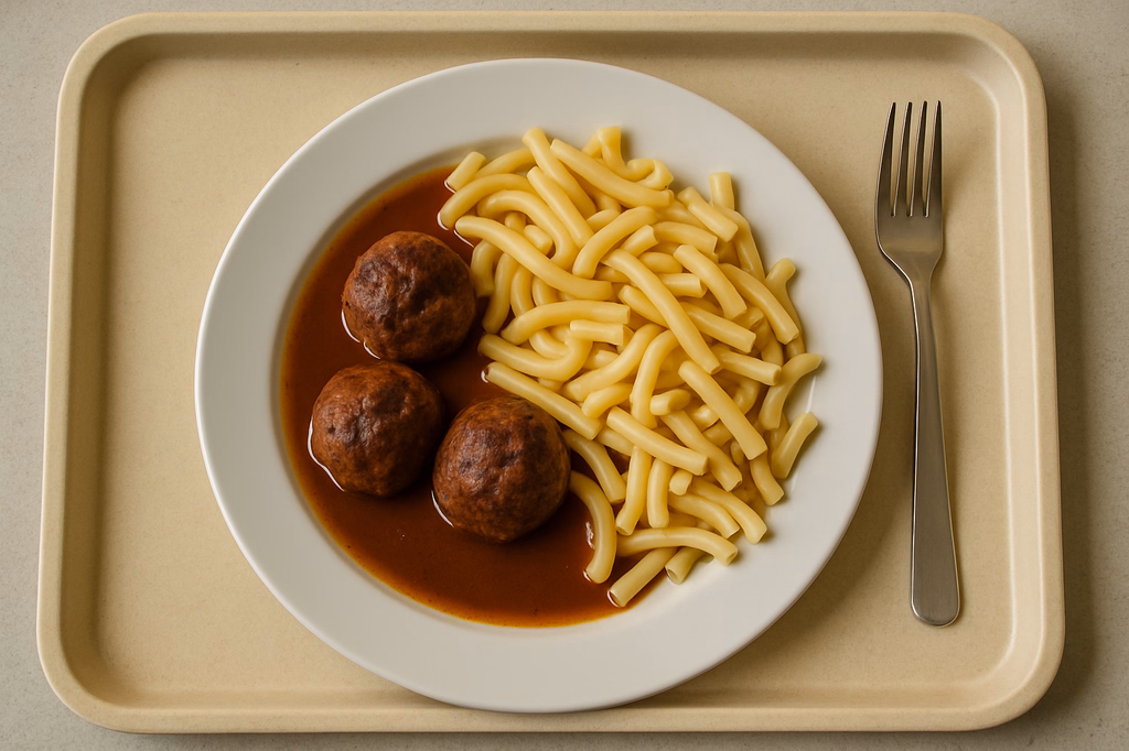 Fleischbällchen Bratenjus Makkaroni (AI Generated)