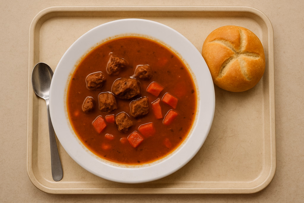 Gulaschsuppe hergestellt aus frischem Rindleisch, Paprika und Brötchen (AI Generated)