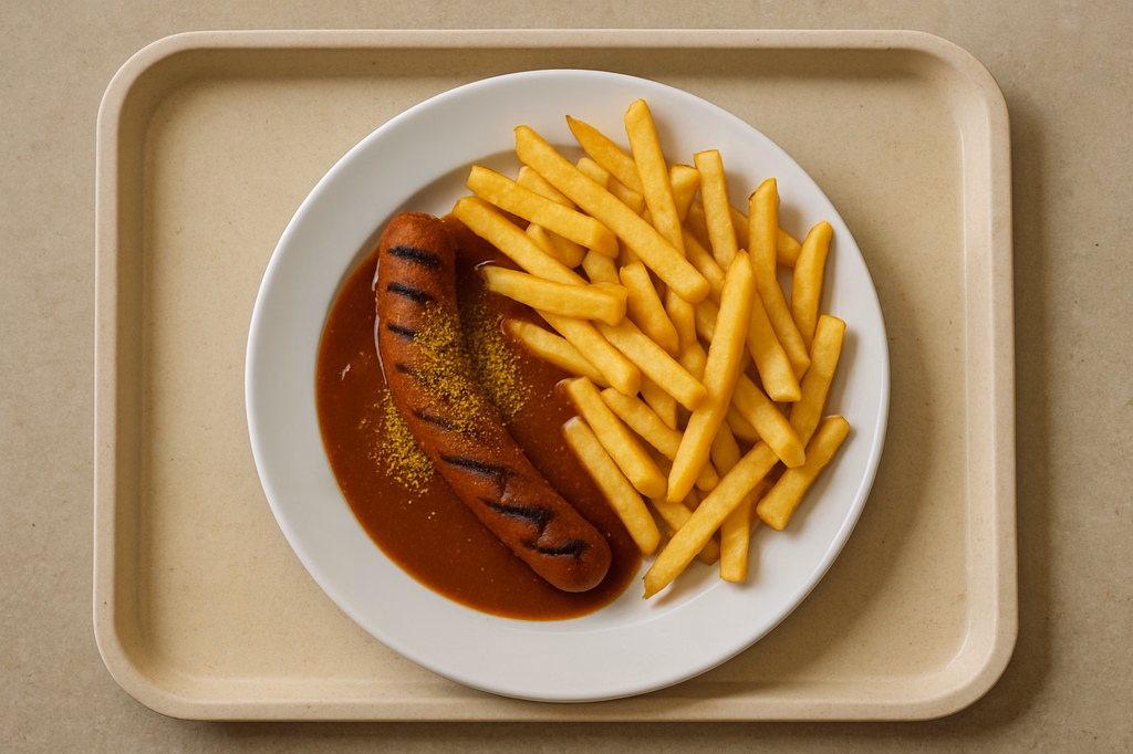 Vegane Currywurst vom Grill mit Pommes frites (AI Generated)