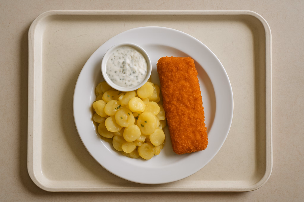 Seelachsfilet in Kürbiskruste gebacken mit hausgemachtem Kräuterdip Kartoffelsalat (AI Generated)
