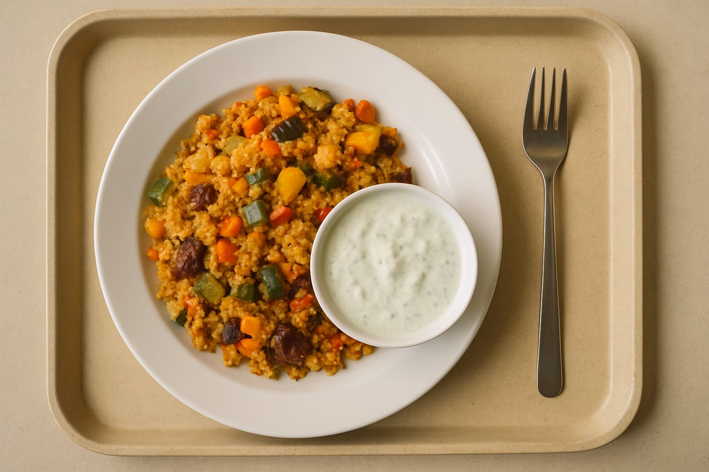 Orientalische Couscous Gemüsepfanne mit Datteln & Berberritze und veganen Minz - Joghurt Dip (AI Generated)