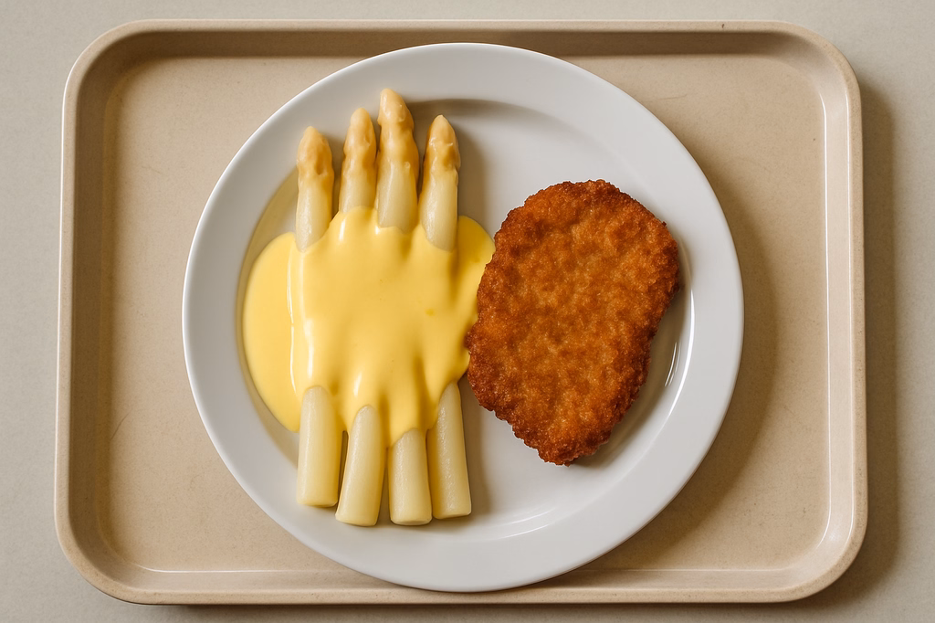 Frischer fränkischer Spargel mit Hollandaise kleines Knusperschnitzel vom Schwein (AI Generated)