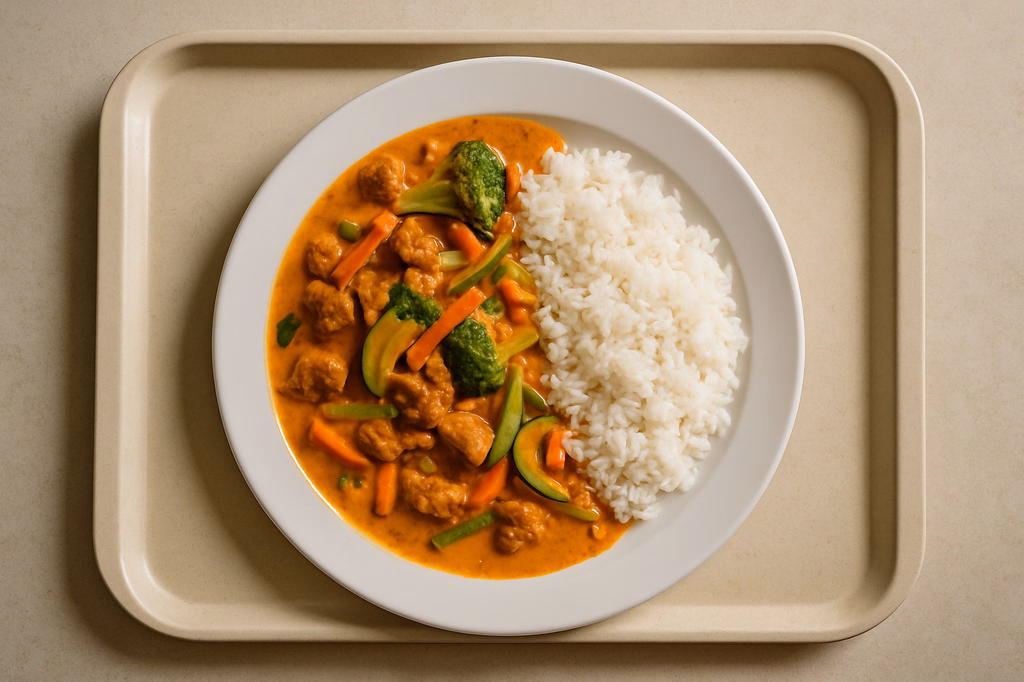 "Red Massaman Curry" mit Sojageschnetzeltem, frischem Wokgemüse in Kokosmilch, Zitronengras, dazu Jasmin Reis (AI Generated)