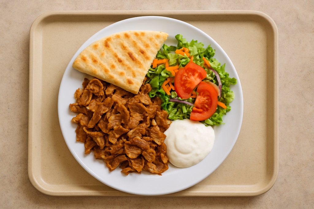 Kebabteller vom Drehspieß mit gemischtem Salat, Fladenbrot und Soße (AI Generated)