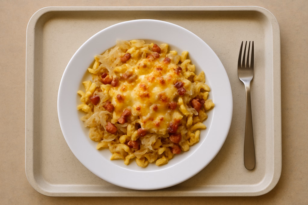 Hüttenspätzle mit Kraut, Speck und Bergkäse überbacken (AI Generated)