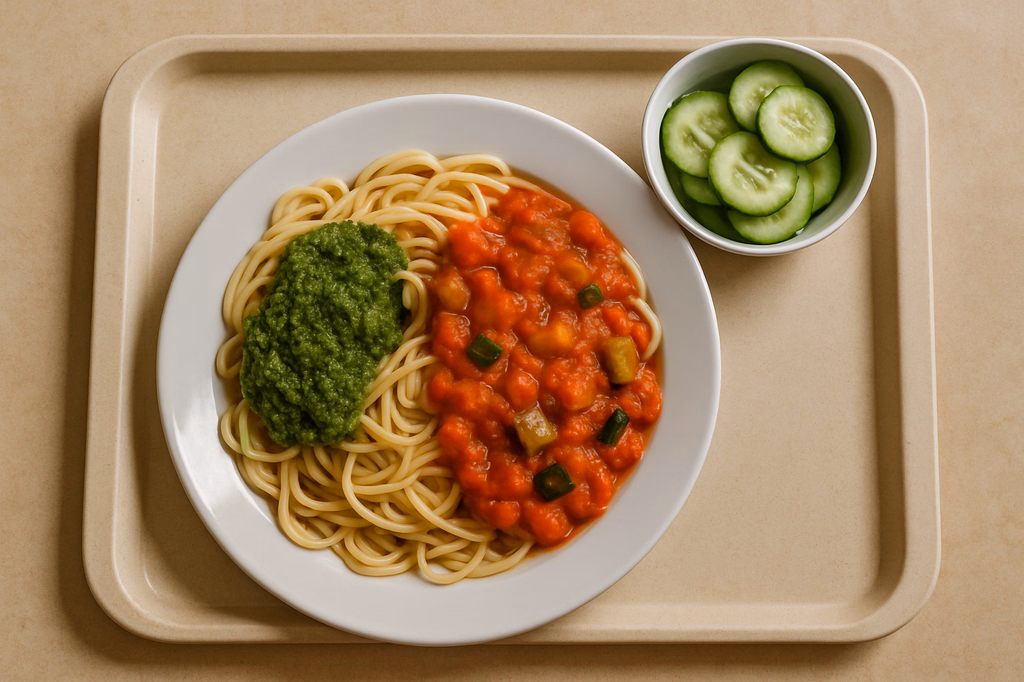 mensaVital: Linguine mit hausgemachten veganem Rucola Nusspesto Tomaten Gemüsesugo Gurkensalat (AI Generated)