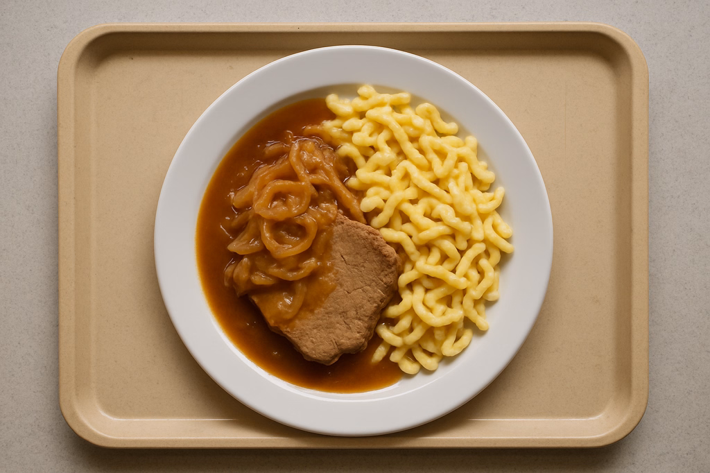 Wiener Zwiebelfleisch dazu Zwiebelsoße Butterspätzle aus der Pfanne (AI Generated)
