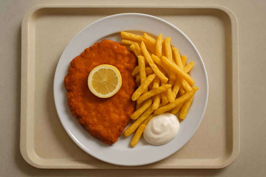 XXL Knusperschnitzel vom Schweinelachs mit Zitrone Super Crunch Pommes frites mit Mayo - Dip Soße (AI Generated)