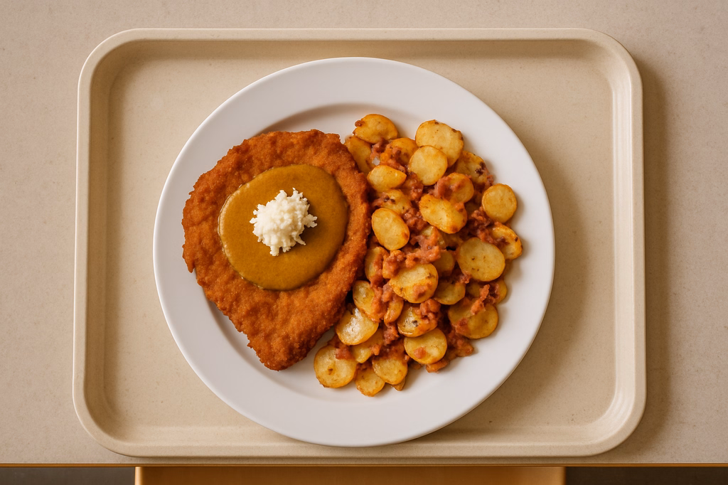 Schnitzel "Münchner Art" mariniert mit süßem Senf und Meerrettich, dazu deftige Bratkartoffeln mit Speck (AI Generated)