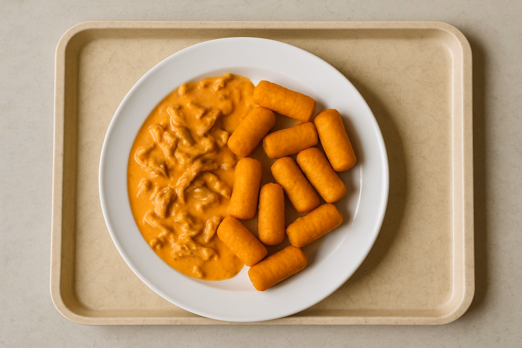 Schweinegeschnetzeltes Metaxasoße Kartoffelkroketten (AI Generated)