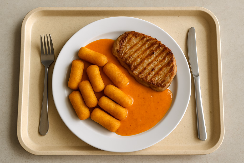 Schweinerückensteak vom Grill mit mit Paprikarahmsoße Kartoffelkroketten (AI Generated)