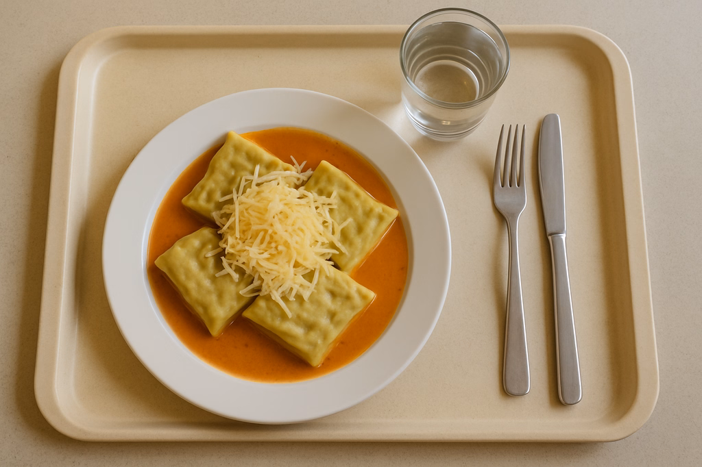 Gemüsemaultaschen mit Tomatenrahmsoße und geriebenem Emmentaler (AI Generated)