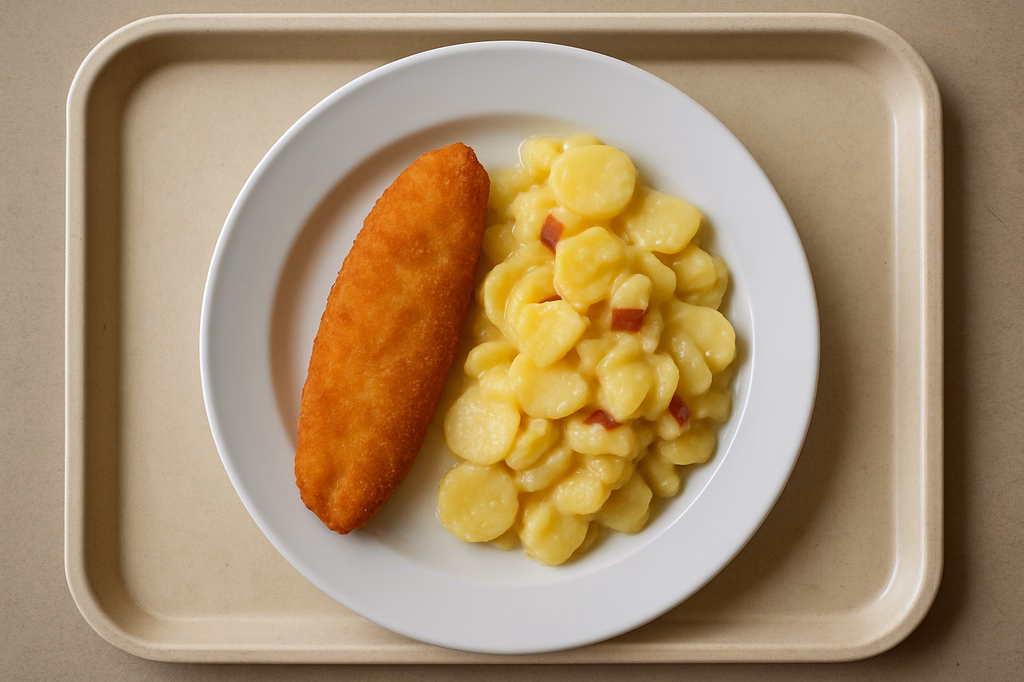 Gebackenes Kabeljaufilet, dazu Kartoffelsalat mit Äpfeln (AI Generated)