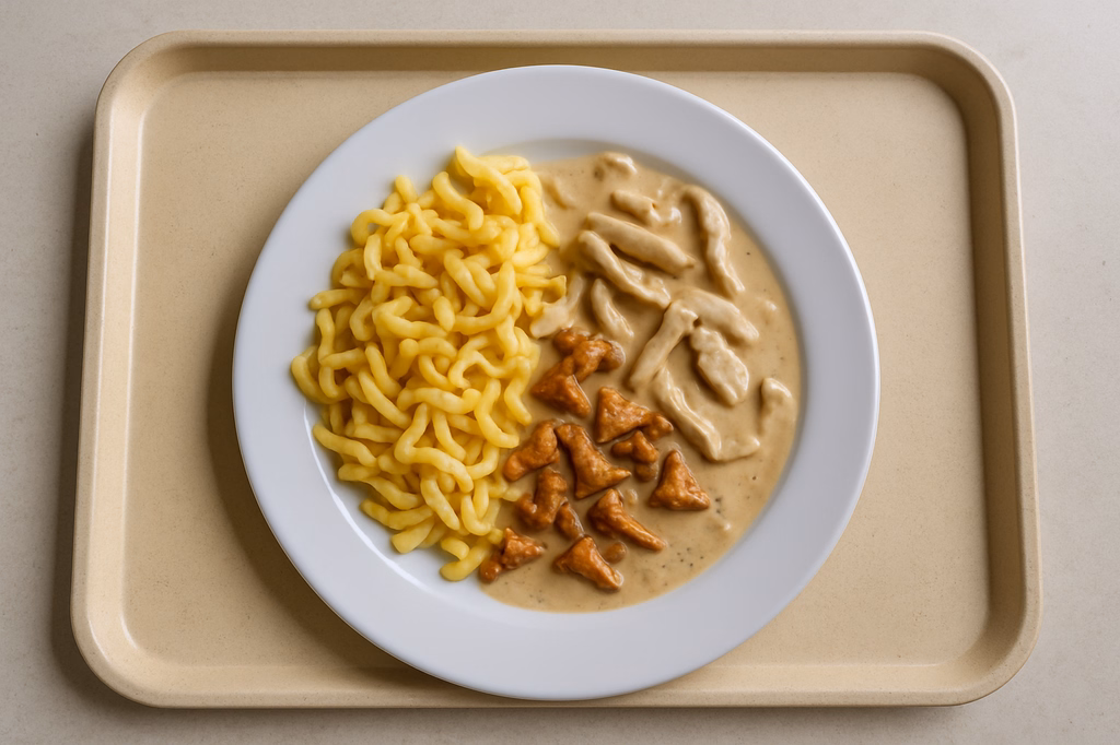 Geschnetzeltes von der Putenbrust in Rahmsoße von frischen Pfifferlingen Butterspätzle aus der Pfanne (AI Generated)