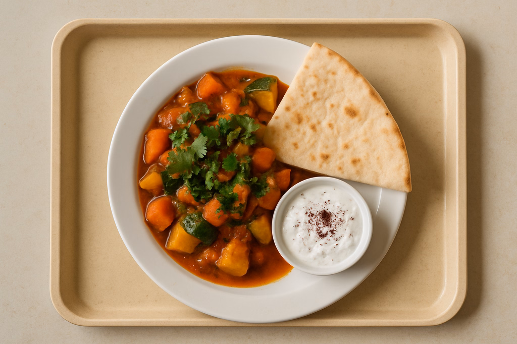 Tajine von frischen Gemüse, frischen Koriander mit Sumach, Fladenbrot & orientalischer Joghurt Dip (AI Generated)