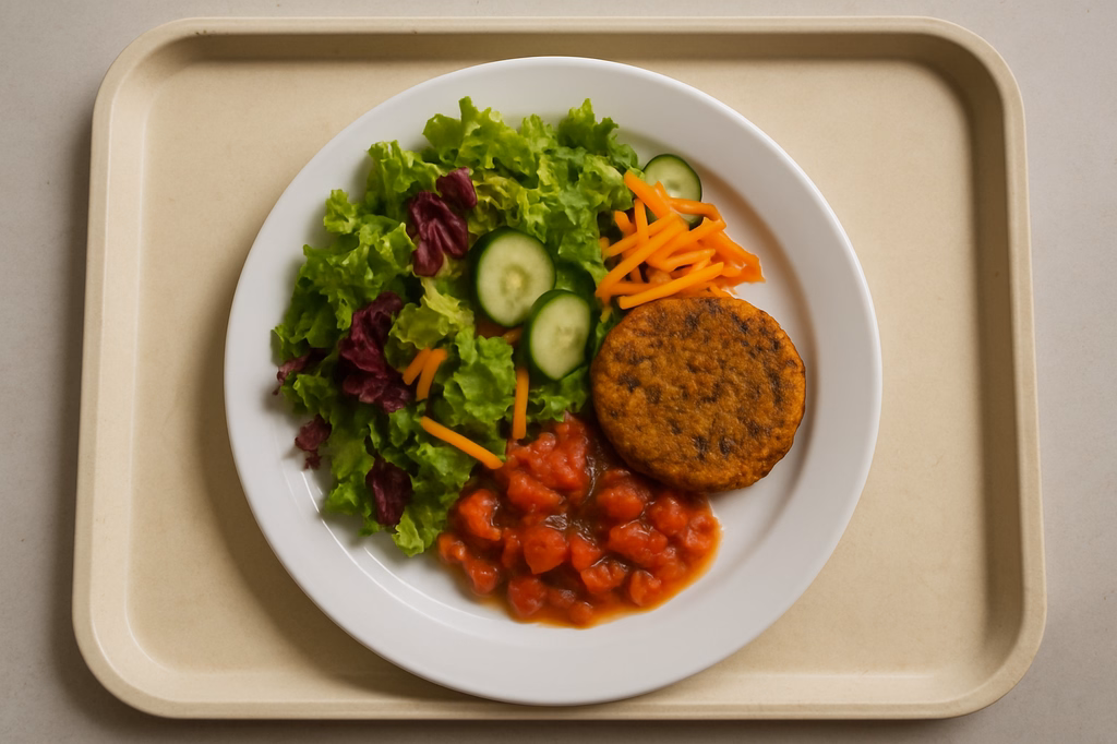 Sommerlicher Salatteller mit einem Süßkartoffel - Amaranth - Bratling und Tomatensalsa (AI Generated)