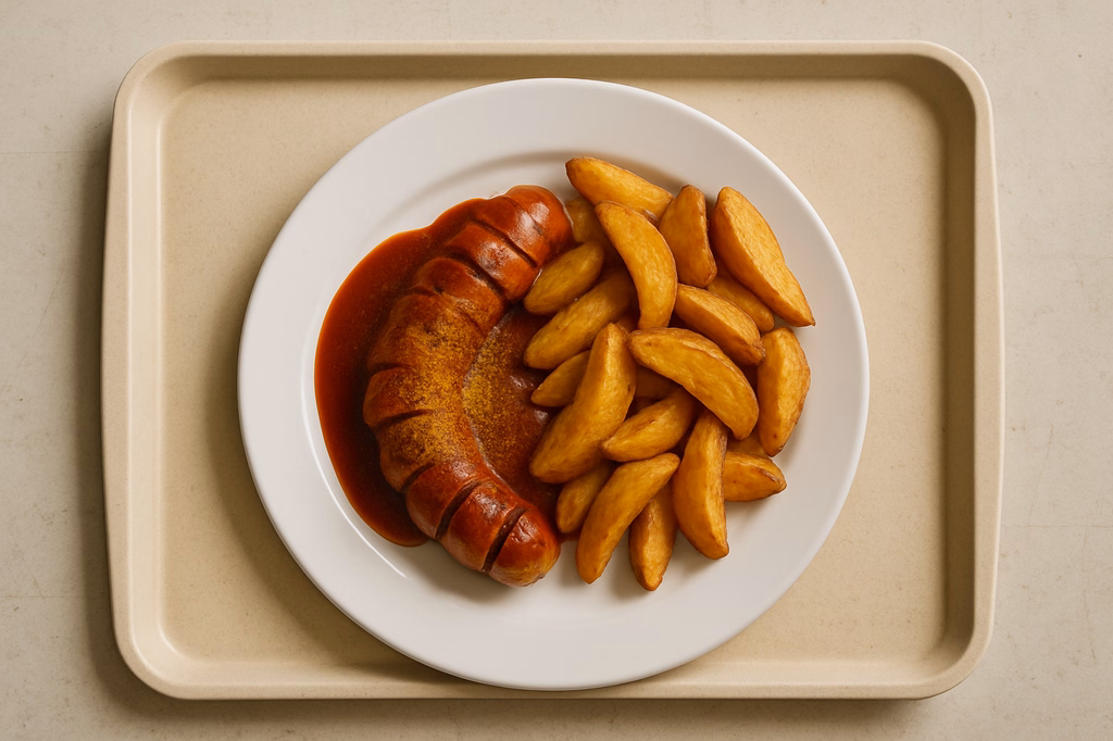 Currywurst vom Grill mit Country Wedges (AI Generated)
