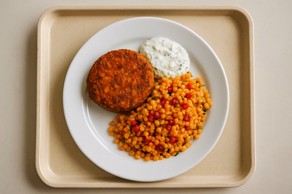 Süßkartoffel - Amaranth - Bratling Kräuterdip vegan Bulgur rote Linsen Salat mit Berberitzen (AI Generated)