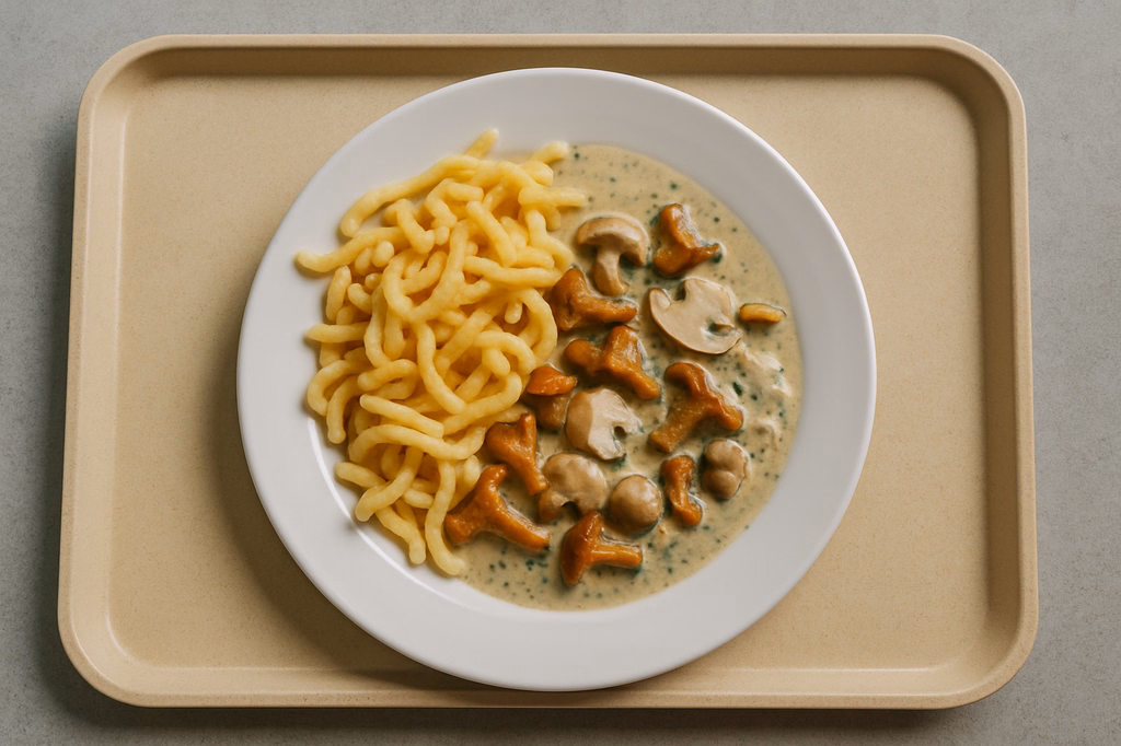 Spätzle mit frischen Pfifferlingen und Champignon in Kräuterrahm (AI Generated)
