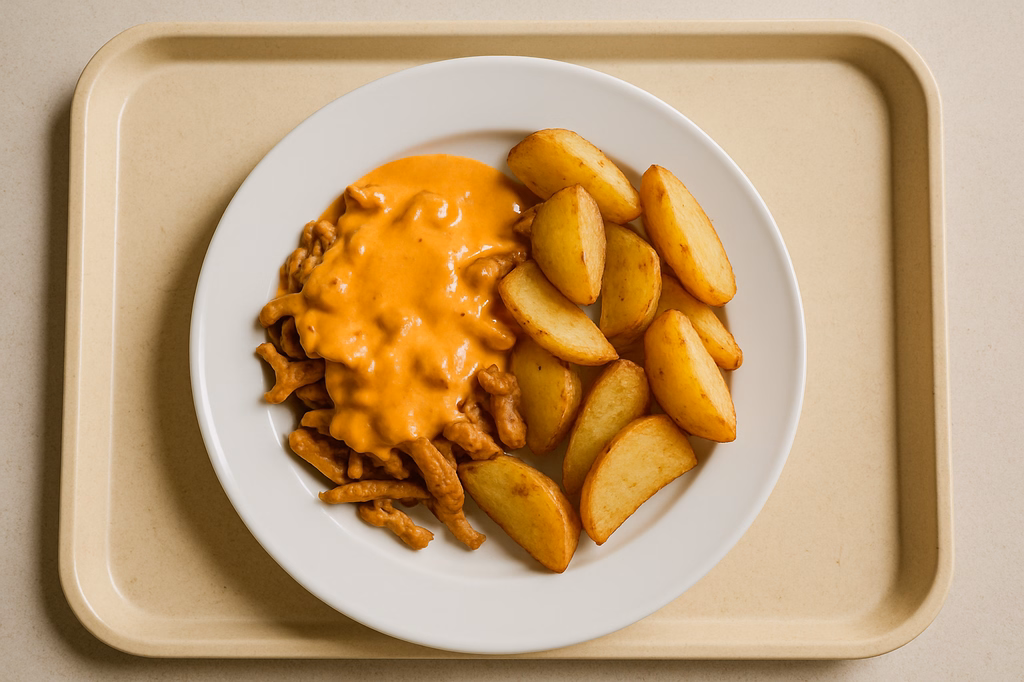 Planted Kebab überbacken mit Metaxasoße, dazu gebackene Patatas (AI Generated)