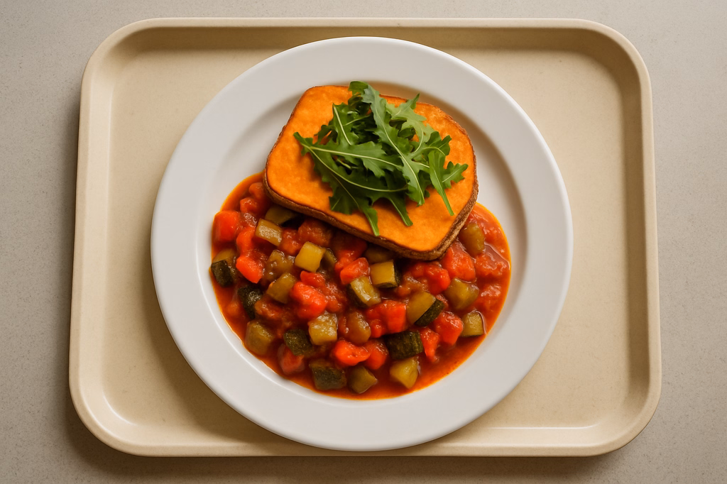 Süßkartoffel - Rucolaschnitte auf Ratatouillegemüse (AI Generated)