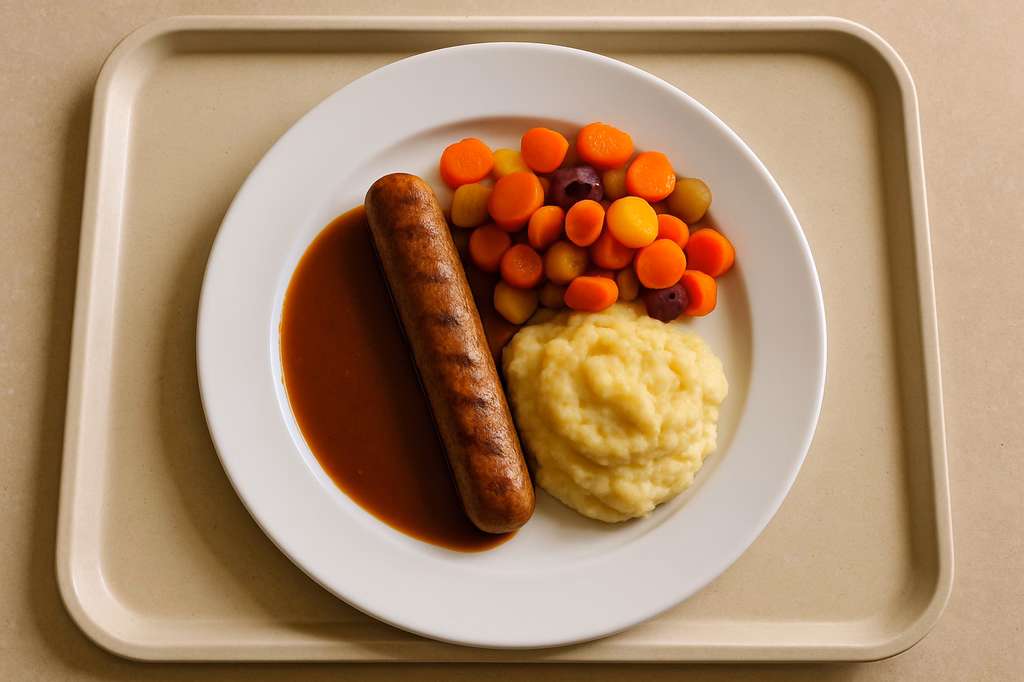 Vegane Bratwurst vom Grill mit Soße, dazu buntes Karottengemüse hausgemachtes Kartoffel - Pastinakenpüree (AI Generated)