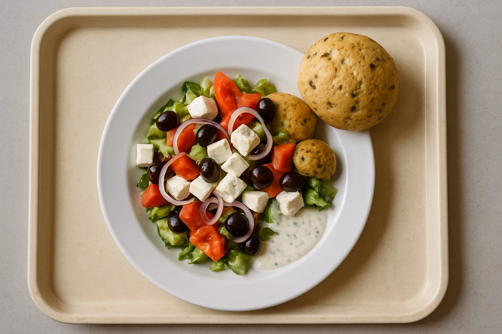 Griechischer Bauernsalat mit Hirtenkäse & Olivenbrötchen Kräuter-Joghurtdressing (AI Generated)