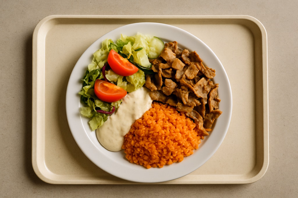 Kebabteller vom Drehspieß mit gemischtem Salat, Tomatenreis und Soße (AI Generated)