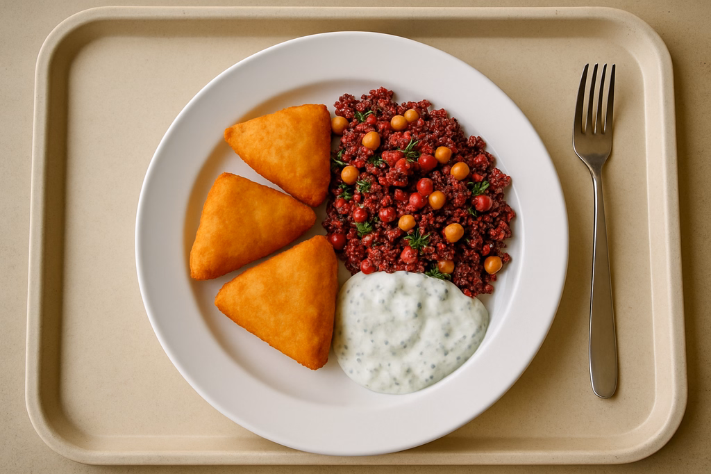 Gebackene Kartoffeltaschen Kräuterfrischkäse gefüllt, dazu Roter Quinoa Salat mit Kichererbsen, Granatapfel & Sumac mit hausgemachten orientalischen Minz Joghurt Dressing (AI Generated)