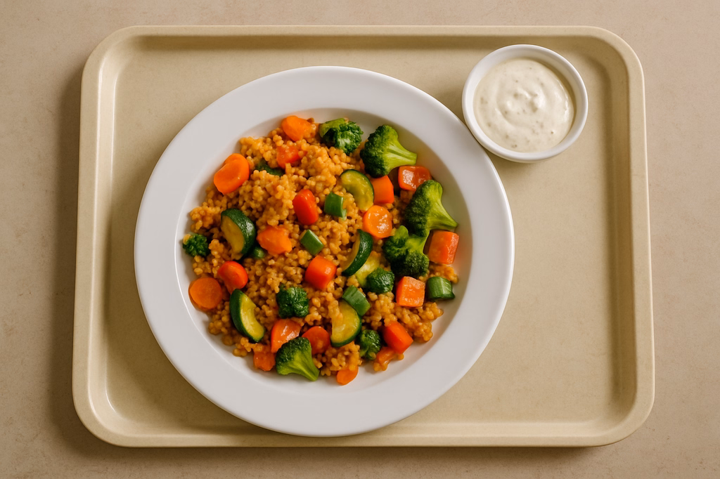 Vegane Bulgurpfanne mit Gemüse und veganem Dip (AI Generated)