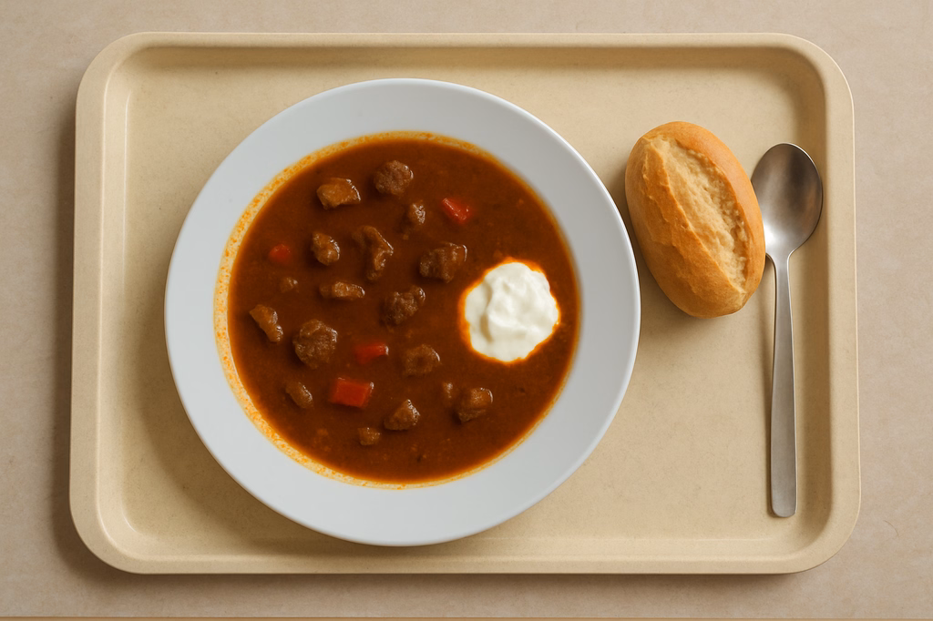 Ungarische Gulaschsuppe hergestellt aus frischem Rindleisch, Paprika und Sauerrahm mit Brötchen (AI Generated)