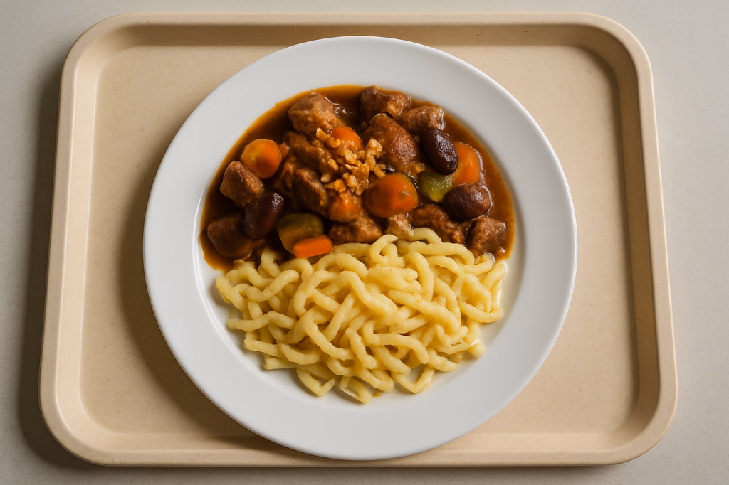 "Marokkanisches Rinder Tajine" mit Gemüse, Datteln & Nüssen dazu Butterspätzle aus der Pfanne (AI Generated)
