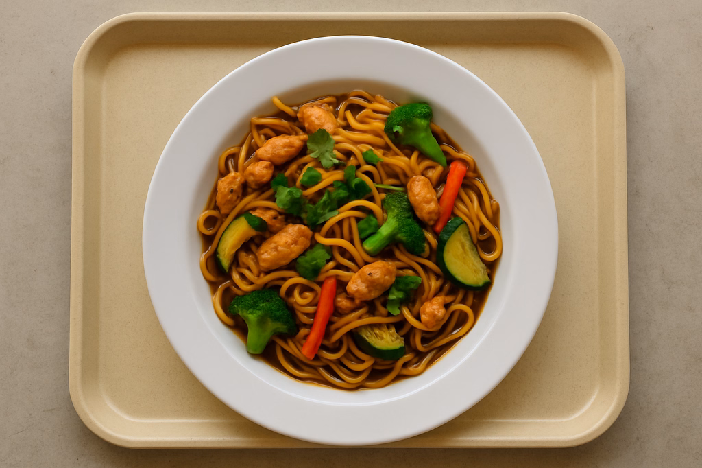 Asia Nudelpfanne mit Hähnchen, frischem Gemüse, Koriander und Teriyakisoße (AI Generated)