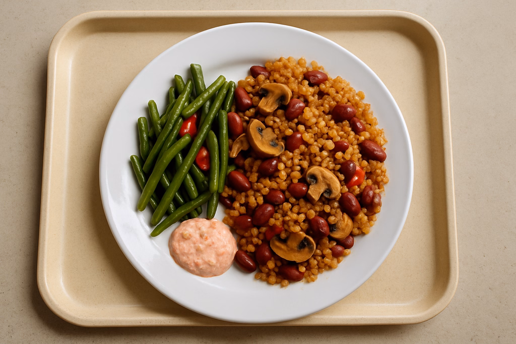 mensaVital: Bohnen - Bulgur - Ragout mit Champignons, Paprika und Walnüssen, Paprika-Radieschen-Dip (AI Generated)