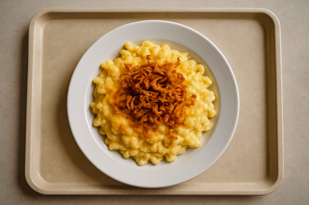 "Allgäuer Käsespätzle" mit Emmentaler & Bergkäse überbacken dazu Röstzwiebeln (AI Generated)