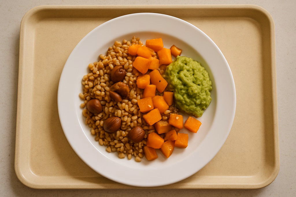 mensaVital: Zartweizen mit Maronen und Kürbis, dazu eine Erbsen-Guacamole (AI Generated)