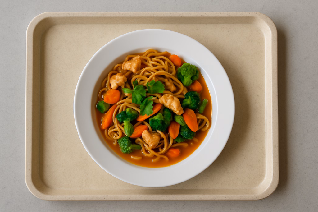 Asia Nudelpfanne mit Hähnchen, frischem Gemüse, Koriander und Süß saure Asia Soße Thai Kokoscurrysoße (AI Generated)