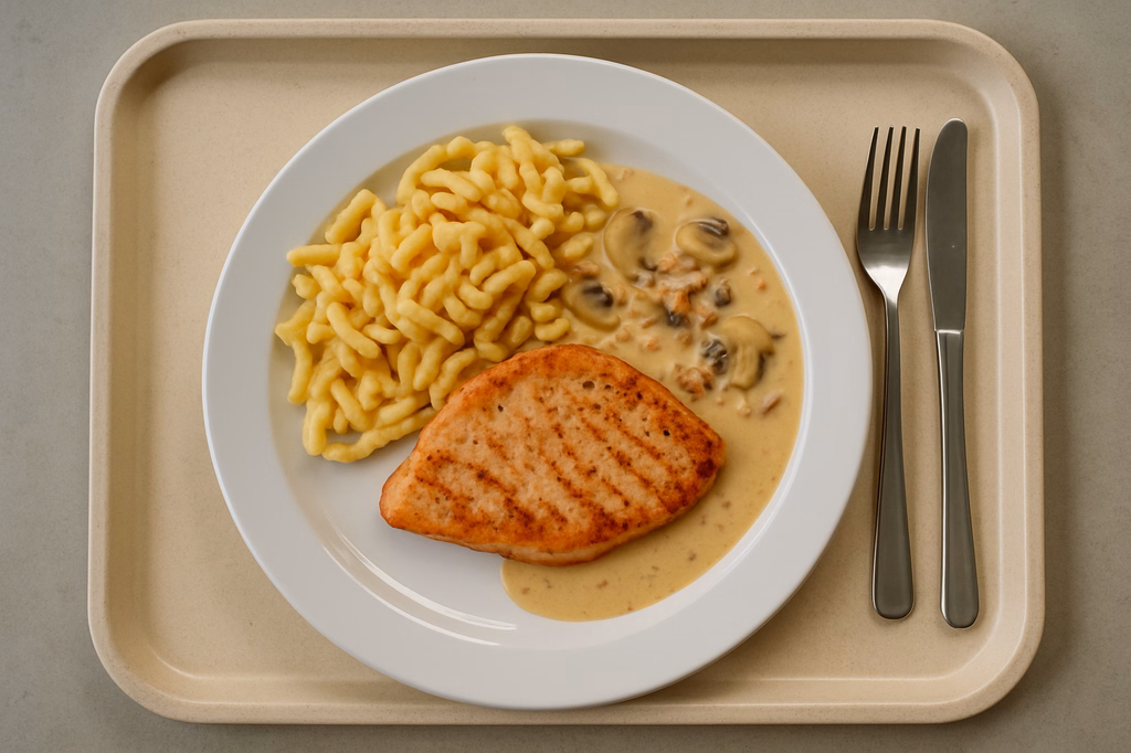 Putenbruststeak vom Grill mit Rahmsoße von frischen Champignons & Speckwürfel Butterspätzle aus der Pfanne (AI Generated)