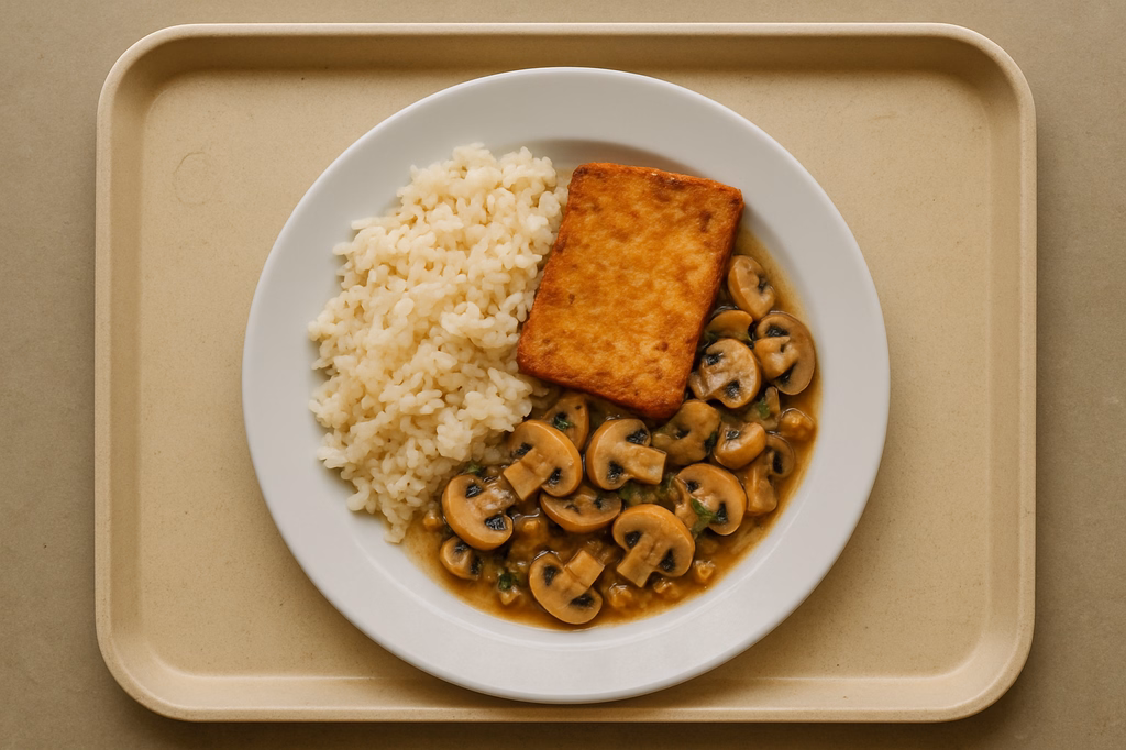 mensaVital: Tofusteak auf Reis - Champignon - Pfanne (AI Generated)