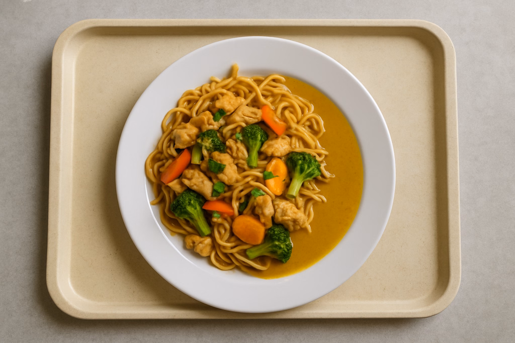 Asia Nudelpfanne mit Hähnchen, frischem Gemüse, Koriander und Soße zur Auswahl Süß-saure Soße Kokoscurrysoße (AI Generated)