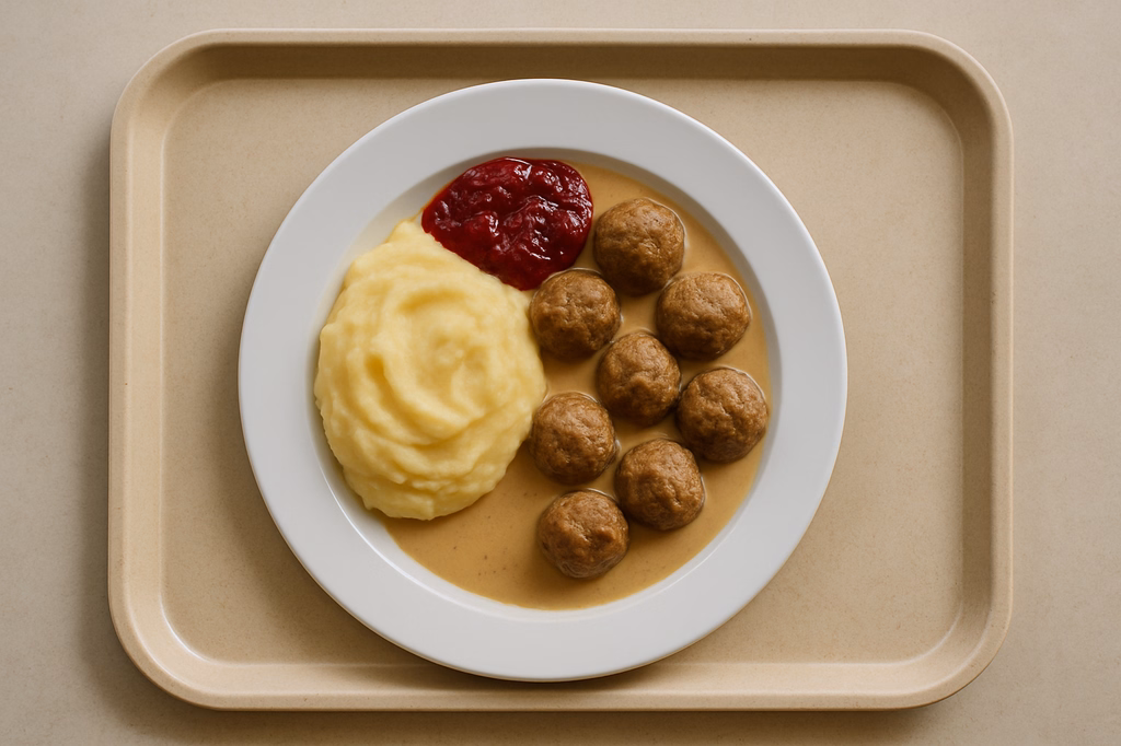 "Köttbullar" feine Hackfleischbällchen mit Preiselbeeren in Rahmsoße Hausgemachtes Kartoffelpüree (AI Generated)