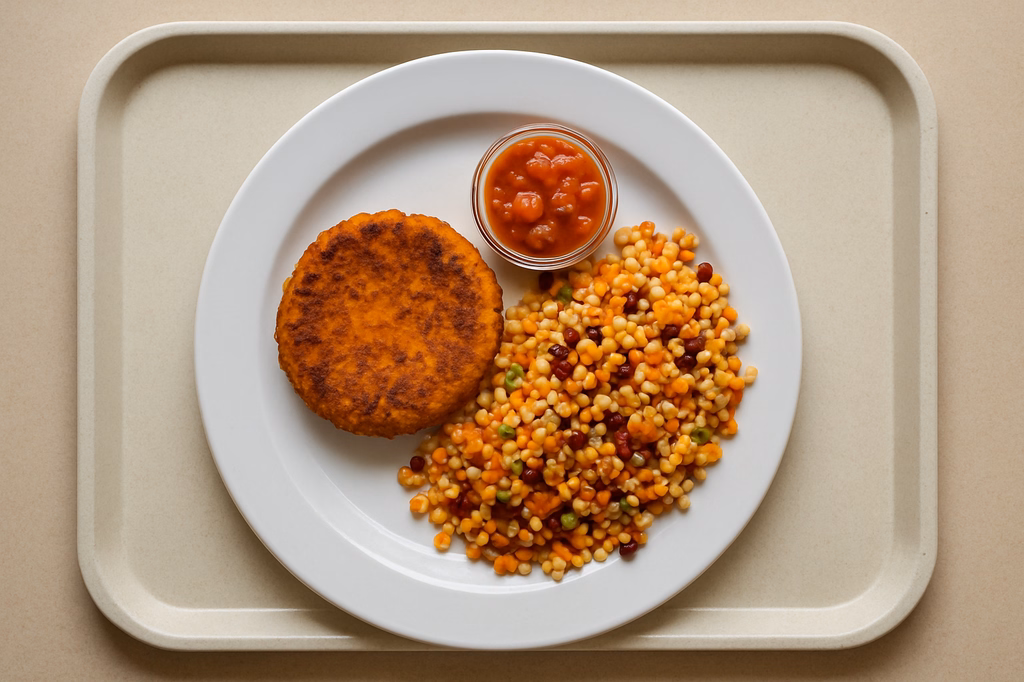 Süßkartoffel - Amaranth - Bratling mit Salsadip Bulgur rote Linsen Salat mit Berberitze (AI Generated)