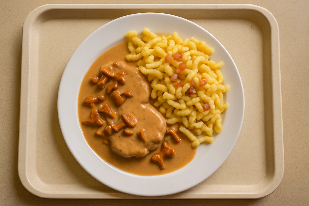 Schweinelendchen Rahmsoße von frischen Pfifferlingen & Speckwürfel Butterspätzle aus der Pfanne (AI Generated)