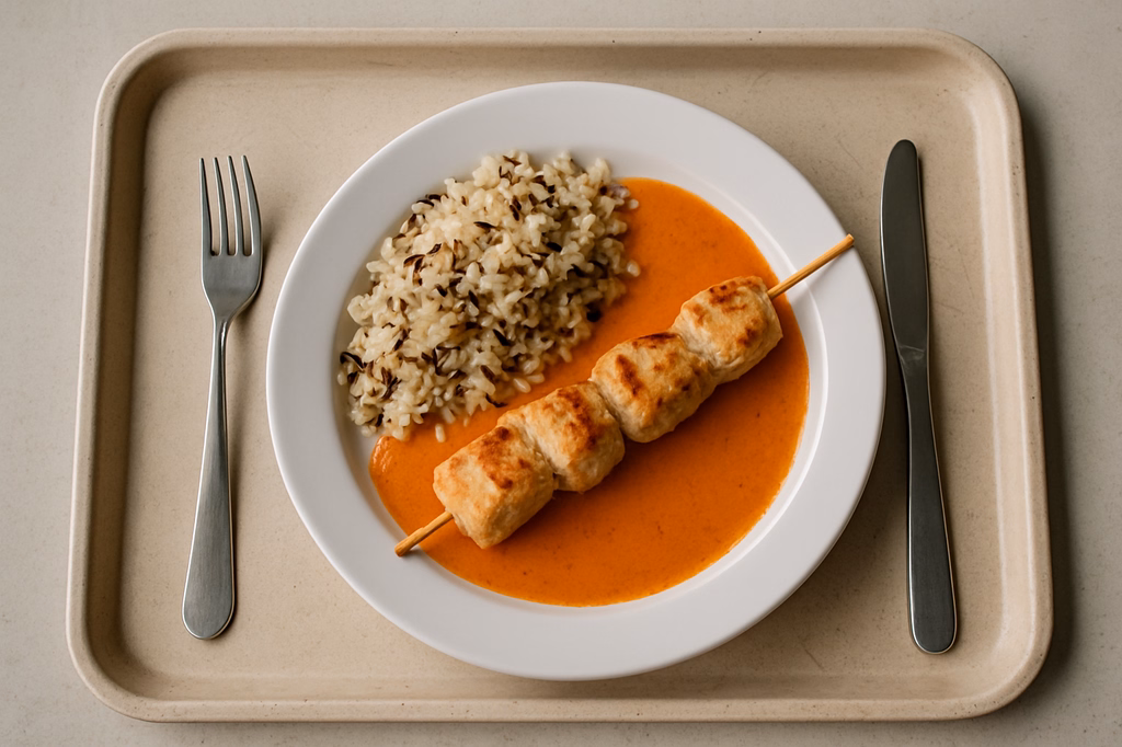 Hähnchenfiletspieß mit Paprikarahmsoße und Wildreis (AI Generated)