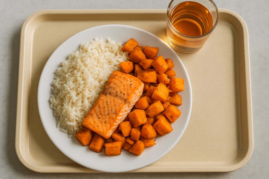 mensaVital: Kürbispfanne mit Lachs und Basmatisreis (AI Generated)