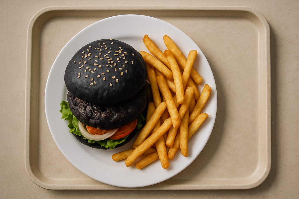 Halloween Black Beef Burger, dazu Super Crunch Pommes frites (AI Generated)