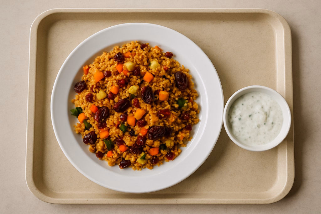 Orientalische Couscous Gemüsepfanne mit Datteln & Berberitzen dazu ein veganer Minz - Joghurt Dip (AI Generated)