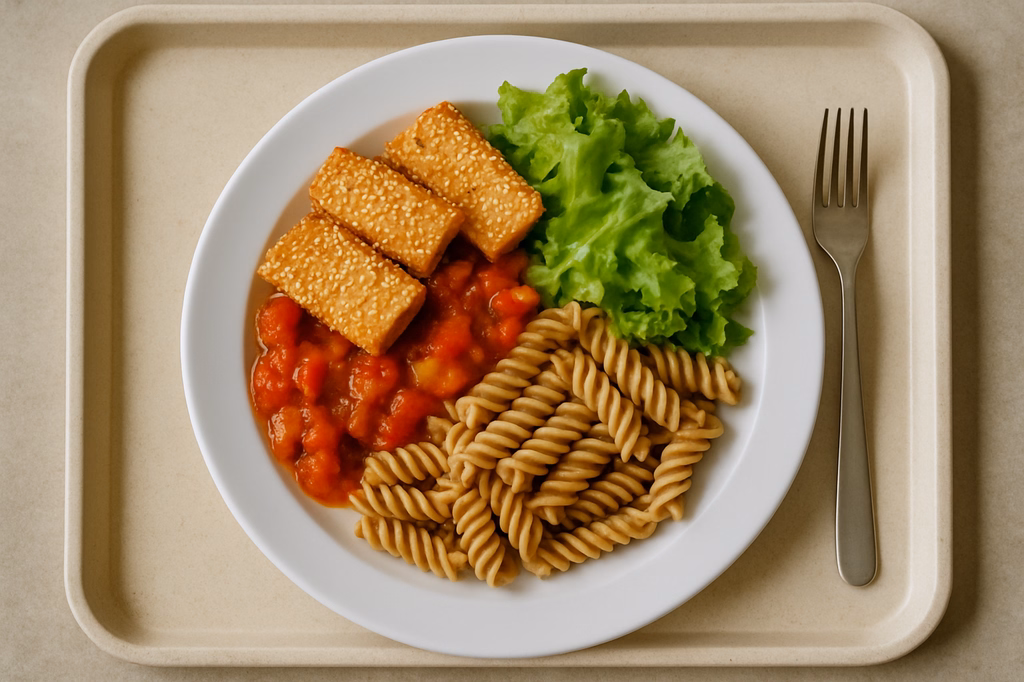 mensaVital: Tofu in Sesam-Tempura gebraten auf Tomaten - Gemüsesugo, Vollkornnudeln und Blattsalat (AI Generated)